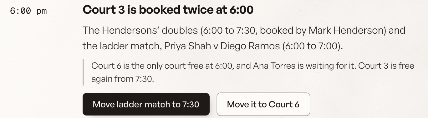 Needs you: Court 3 at 6:00 pm holds the Hendersons' doubles and a ladder match, with a free court offered.