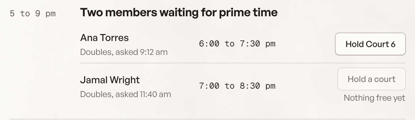 Needs you: two members waiting for a prime-time court.