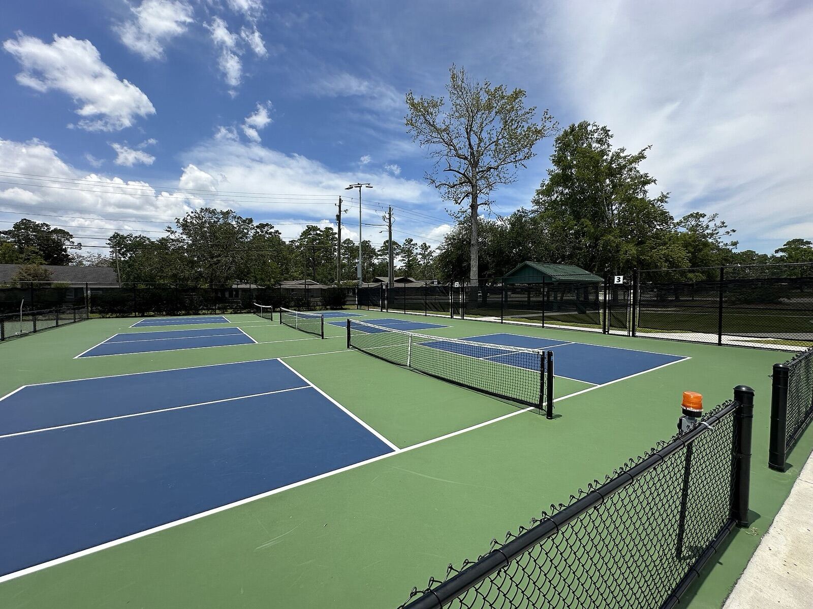 A row of outdoor pickleball courts with blue playing areas, green surrounds and a black fence under a blue sky