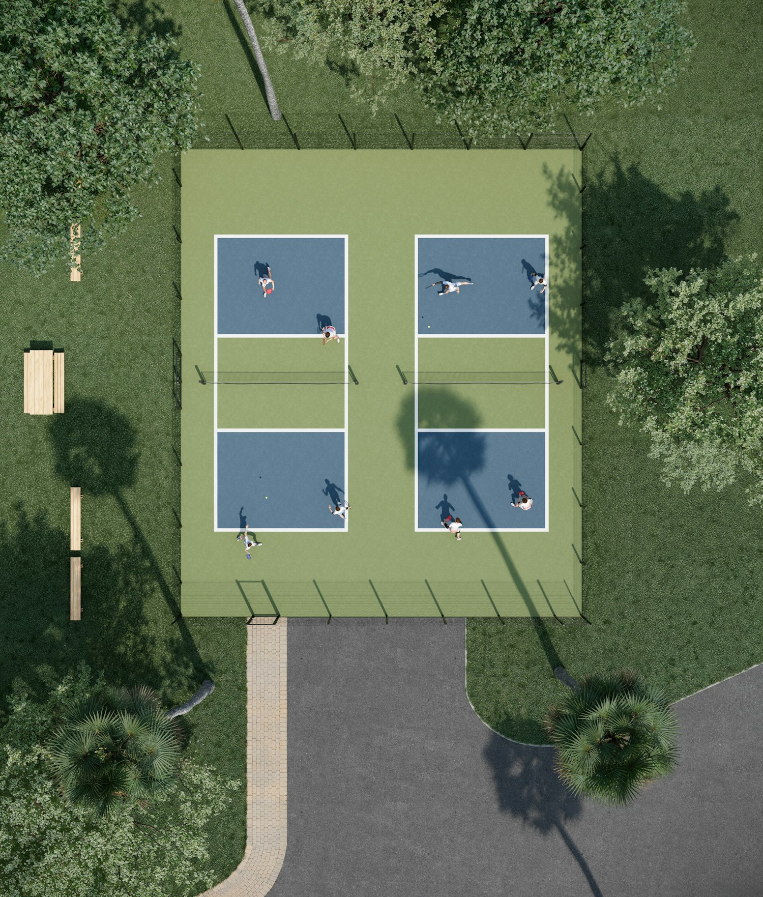 Players enjoying an afternoon on blue and green pickleball courts